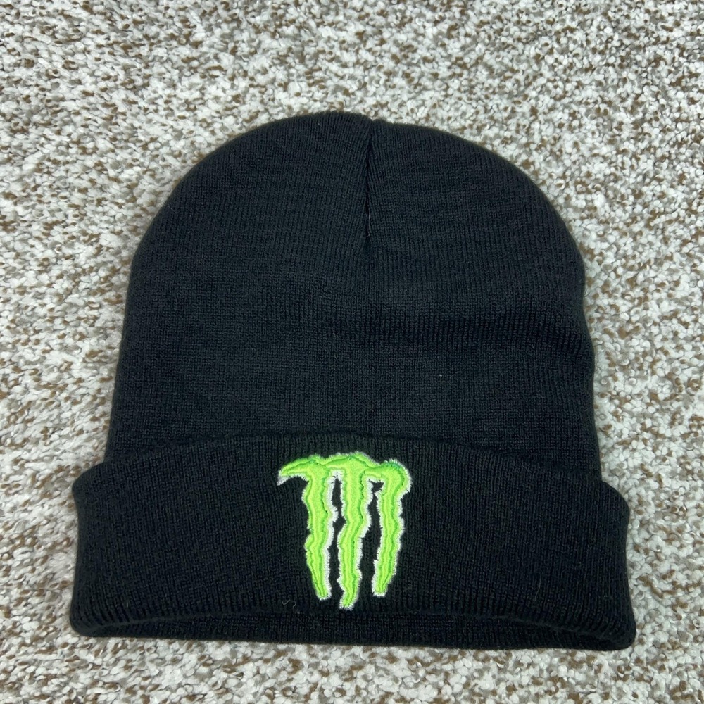 Monster Energy Hat Beanie Knit Black Cuffed Logo Mens One Size Winter Casual